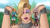 drawing giantess white_hair mega blonde color long_hair green_eyes fairy smiling gloves elf boots forest dangle jewelry necklace trees belt bracelet lipstick_imprint pinched looking_at_tiny pointed_ears the_legend_of_zelda great_fairy impa hair_covering_eyes heavy_eyeshadow link_(the_legend_of_zelda) gravitybee cortena