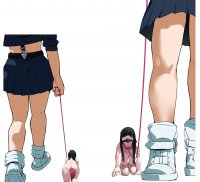 breasts drawing nipples collage nude black_hair color butt skirt drawing_collage shoes pet crawling collar shrunken_woman leash gag thighs all_fours blindfold emageht no_background kill_la_kill ryuko_matoi bare_legs satsuki_kiryuin bakkanki