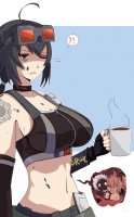 breasts drawing white_hair vore black_hair color cleavage brown_eyes yellow_eyes pink_hair gloves ponytail unknown_artist shrunken_people shrunken_woman stain coffee inside_view tattoo choker top goggles belt source_needed stomach_acid stomach_view coffee_cup no_background bare_midriff zenless_zone_zero