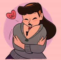 breasts drawing giantess blushing black_hair color large_breasts long_hair cleavage brunette christmas shrunken_man pants sweater closed_eyes hairband no_background cupping_breasts between_breasts spunkbug perky_towers