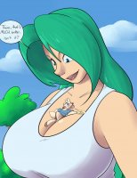 breasts drawing giantess furry horns color long_hair blue_eyes cleavage huge_breasts tree green_hair unknown_artist shorts goat outdoors top dialogue source_needed white_skin looking_at_tiny on_breasts
