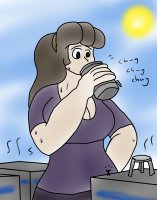 breasts drawing giantess city mega color large_breasts long_hair cleavage buildings breast_crush brunette sweat sun drinking hairband water_tower spunkbug perky_towers