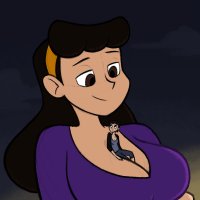 breasts drawing giantess mega black_hair color large_breasts long_hair cleavage brown_eyes smiling shrunken_woman pants jacket hairband no_background looking_at_tiny between_breasts spunkbug perky_towers