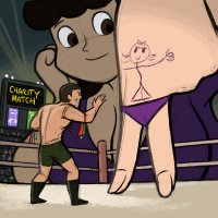 breasts drawing giantess black_hair color large_breasts long_hair cleavage brunette smiling stadium lying_down wrestling shorts night tv wrestling_ring looking_at_tiny wrestler spunkbug perky_towers