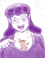 breasts drawing giantess monochrome large_breasts long_hair cleavage glasses fairy smiling crown shrunken_man pointing hairband no_background looking_at_tiny on_breasts spunkbug perky_towers cakes