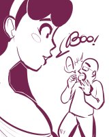 breasts drawing giantess monochrome large_breasts long_hair cleavage smiling surprise shrunken_man dialogue hairband no_background looking_at_tiny spunkbug perky_towers