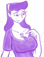 breasts drawing giantess monochrome large_breasts long_hair cleavage fairy smiling shrunken_man hairband no_background looking_at_tiny between_breasts spunkbug perky_towers
