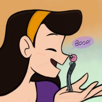 drawing giantess blushing black_hair color long_hair cleavage brunette smiling shrunken_man sunglasses pants closed_eyes hairband no_background looking_at_tiny anon on_palm spunkbug perky_towers