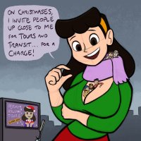 breasts drawing giantess city mega blonde black_hair color large_breasts long_hair cleavage buildings breast_crush brunette smiling short_hair dark_skin sweater dialogue hairband sign scarf hair looking_at_tinies between_breasts spunkbug perky_towers
