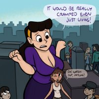 breasts drawing giantess giga city mega blonde comic black_hair color long_hair giant cleavage buildings glasses brunette multiple_sizes street short_hair giantesses pants dark_skin hat jacket top dialogue hairband bare_legs spunkbug perky_towers christine