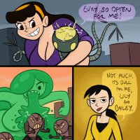 breasts drawing giantess city mega comic black_hair color large_breasts long_hair robot destruction cleavage buildings brown_eyes smiling ponytail fighting dialogue hairband blob spunkbug perky_towers