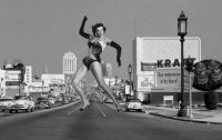 breasts giantess collage city mega high_heels buildings gloves street short_hair unknown_artist vehicles vintage leotard source_needed sign lamppost bare_legs jane_russell