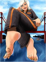 breasts drawing giantess white_hair mega color butt bridge blue_eyes toes barefoot water smiling ginormica short_hair sitting river boats thighs monsters_vs_aliens looking_at_viewer jumpsuit susan_murphy dreamworks yellow_nails sinfullysoles