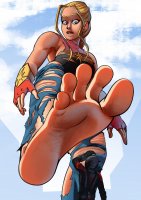 breasts drawing giantess mega color large_breasts long_hair blue_eyes toes barefoot gloves costume ant-man point_of_view belt ripped_clothing imminent_crush helmet no_background looking_at_tiny marvel_comics captain_marvel carol_danvers lucaskmart