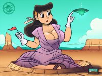 breasts drawing giantess mega black_hair color large_breasts long_hair cleavage shoes desert brunette brown_eyes gloves dress sitting mountains clouds ufo flag hairband poking sign crater spunkbug perky_towers