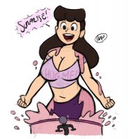 breasts drawing giantess mega black_hair color large_breasts long_hair cleavage skirt brunette brown_eyes smiling couple surprise shorts fist birthday top dialogue hairband no_background birthday_cake anon bare_midriff spunkbug perky_towers