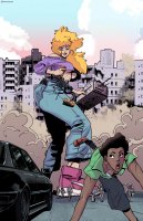 breasts drawing giantess city mega blonde color long_hair destruction handheld rampage cleavage bra buildings jeans shoes brunette underboob bus pants vehicles dark_skin thighs closed_eyes earrings top belt giantessfan running_away clothing_entrapment