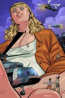 breasts drawing giantess giga city mega blonde color long_hair blue_eyes handheld cleavage buildings helicopter climbing brunette military uniform pants night milf shirt earrings giantessfan helmet looking_at_tiny on_palm diane_szainski