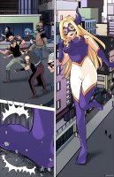 breasts drawing giantess white_hair horns city mega blonde comic color large_breasts long_hair buildings anime blue_hair brown_eyes pink_hair gloves boots mask thighs costume belt giantessfan headband extra_arms pointed_ears my_hero_academia mt._lady criminals