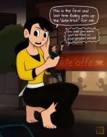 breasts drawing giantess city mega black_hair color handheld toes barefoot buildings shoes brunette tree ponytail phone pants vehicles night crouching date belt dialogue cafe spunkbug