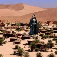 breasts giantess collage mega black_hair cleavage buildings desert boots unknown_artist village leather cape trees source_needed lana_parrilla ghost_town