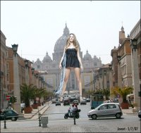 breasts giantess collage panties city mega blonde long_hair high_heels buildings street dress lingerie vehicles necklace bare_legs moped javert