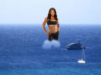breasts giantess collage mega long_hair cleavage water ocean brunette smiling muscles abs pants boats looking_at_viewer jillian_michaels hands_on_hips sports_bra yacht bare_midriff