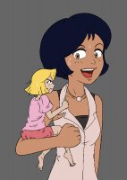 drawing blonde black_hair color barefoot sweat brown_eyes short_hair unknown_artist shorts shrunken_woman dark_skin clover necklace totally_spies source_needed alex no_background looking_at_tiny bare_legs
