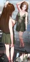 breasts drawing giantess city mega color large_breasts long_hair butt cleavage high_heels buildings brunette brown_eyes street dress office vehicles reflection thighs window_view bare_legs cutaway lamp_post kkasi00