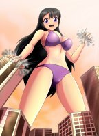 bikini breasts drawing giantess city mega black_hair color large_breasts long_hair swimsuit destruction rampage cleavage buildings helicopter purple_eyes giantesses hand_crush thighs point_of_view looking_at_viewer wendy south_park thedaibijin bare_legs bare_midriff