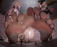 breasts giantess white_hair feet long_hair toes barefoot cleavage red_eyes smiling uniform looming shrunken_man background indoors hat point_of_view imminent_crush digital_render ai_the_somnium_files mistral_luv kuruto_ryuki tama aiba kaname_date