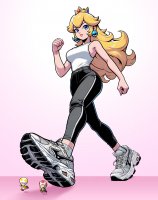 breasts drawing giantess micro color large_breasts long_hair butt blue_eyes princess_peach shoes shrunken_men crown walking pink_nails sneakers super_mario thighs point_of_view earrings belt running_away imminent_crush no_background vest toads excercise jogging_pants mmdsneakermeister