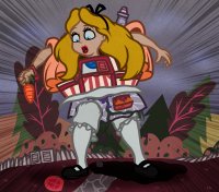 breasts drawing growth giantess mega blonde color long_hair destruction blue_eyes buildings shoes outgrowing_building outdoors alice_in_wonderland disney hair_bow trees fence carrot alice captainquack64