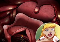 breasts drawing vore blonde comic color long_hair blue_eyes gloves red_hair uvula boots supergirl mawshot shrunken_woman throat open_mouth mask batgirl rope costume top belt hairband dc_comics kisparlius