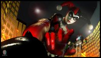 breasts giantess city mega destruction blue_eyes buildings helicopter gloves green_hair harley_quinn fire reaching suit mask pants batman night thighs costume running_away joker police_car white_skin spotlight cane digital_render dc_comics traffic_lights jimmy144