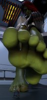 alien blonde butt armor toes barefoot pet red_hair boots sitting kneeling shrunken_man indoors tattoo costume point_of_view green_skin looking_at_tiny digital_render marvel_comics guardians_of_the_galaxy gamora star_lord smolboyizzy
