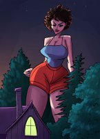 breasts drawing giantess mega color large_breasts cleavage buildings brunette smiling short_hair shorts forest night thighs fist sunset trees top stars thick_thighs bare_legs caiman2
