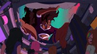 breasts drawing giantess panties mega black_hair color large_breasts long_hair destruction cleavage muscles shorts abs dark_skin night thighs mall point_of_view earrings top headband stars nose_ring imminent_vore debris zipper bare_legs bare_midriff sector316 looking_at_tinies lifting_roof hair_streak