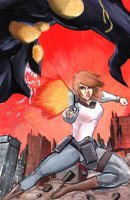 breasts drawing giantess city mega color large_breasts gun buildings saliva brown_eyes yellow_eyes short_hair boots fangs monster fighting thighs fist ruins belt orange_hair ember debris grim1978 big_girls