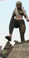 breasts giantess white_hair mega long_hair armor toes barefoot rampage bra buildings castle sandals queen looking_down pants thighs fist imminent_crush digital_render game_of_thrones daenerys_targaryen bare_midriff khaleesi giantesslover45