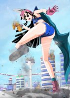 breasts drawing giantess panties city mega black_hair color long_hair butt destruction handheld rampage buildings shoes angry blimp gloves boots dragon_ball goku vehicles flying thighs costume cape chi_chi stuck_to_shoe helmet cracked_ground looking_at_tiny son_goku master_roshi thedaibijin bare_legs bare_midriff gi foot_prints