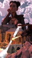 breasts giantess wings mega dragon armor bridge fantasy cleavage water glasses brunette castle dress short_hair fire tontoblackadder ice magic mage necklace bored looking_at_tiny spikes digital_render loincloth