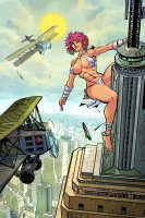 breasts drawing giantess city mega color large_breasts blue_eyes handheld toes barefoot cleavage bra buildings climbing pink_hair sun muscles airplane abs thighs king_kong earrings new_york_city empire_state_building biplane on_shoulder pinched loincloth bare_legs gorilla bare_midriff oscar_celestini