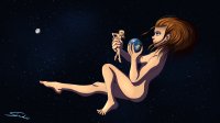 breasts drawing nipples giantess nude blushing earth giga blonde space color large_breasts butt handheld toes barefoot green_eyes brunette purple_eyes multiple_sizes smiling moon short_hair stars looking_at_tiny cosmic_giantess shardro