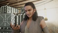 breasts black_hair handheld cleavage brunette brown_eyes smiling gloves boots star_wars shrunken_man indoors belt lamp looking_at_tiny digital_render sith boxes crates rey_(star_wars) kylo_ren jedi celton