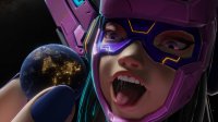 giantess vore earth giga space black_hair long_hair tongue planet teeth handheld saliva purple_eyes open_mouth costume galacta stars imminent_vore helmet purple_nails digital_render cosmic_giantess marvel_comics hpmw-fan45