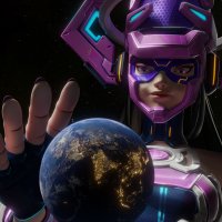 breasts giantess vore earth giga space black_hair large_breasts long_hair planet purple_eyes gloves reaching costume galacta stars helmet purple_nails digital_render cosmic_giantess marvel_comics hpmw-fan45