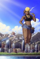 breasts drawing giantess giga city mega color long_hair destruction cleavage water buildings green_eyes brunette sweat gloves red_hair muscles shorts short_shorts mountains pants dark_skin smoke thighs construction top belt hands_on_hips hammer unconscious hard_hat safety_glasses tools bare_legs wrench zerohour99 bare_midriff bump screwdriver