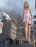breasts giantess city mega blonde long_hair destruction blue_eyes rampage high_heels buildings blood smiling street dress gore foot_crush fire necklace crowds running_away barbie imminent_crush water_tower digital_render bare_legs looking_at_tinies gtssrg