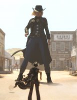 breasts giantess mega blonde gun high_heels buildings jeans desert horse short_hair boots town mountains pants thighs belt cowboy_hat duel cowboy digital_render outlaw trench_coat spurs sheriff mundogts pancho tumbleweed